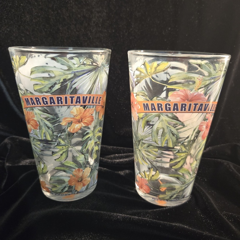 Margaritaville Parrothead Jimmy Buffett Glass Party Glass Floral 2 Pcs Set NEW